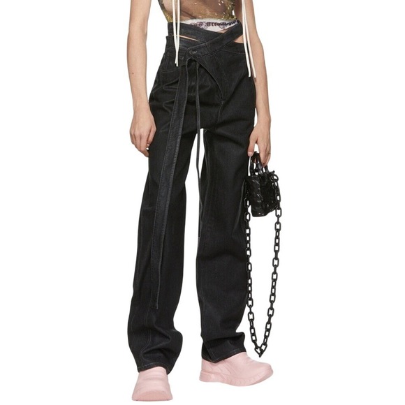 Ottolinger Denim - OTTOLINGER x ISKO Black Denim Wrap Waist Belted Jeans Womens XS
